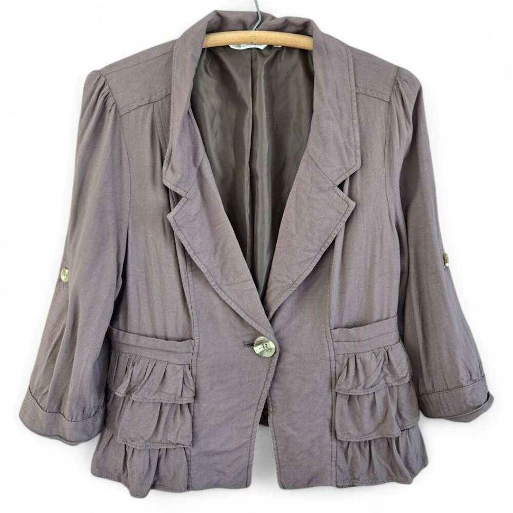 Ambition Womens Large Brown Ruffled Blazer Jacket Roll Tab Sleeves